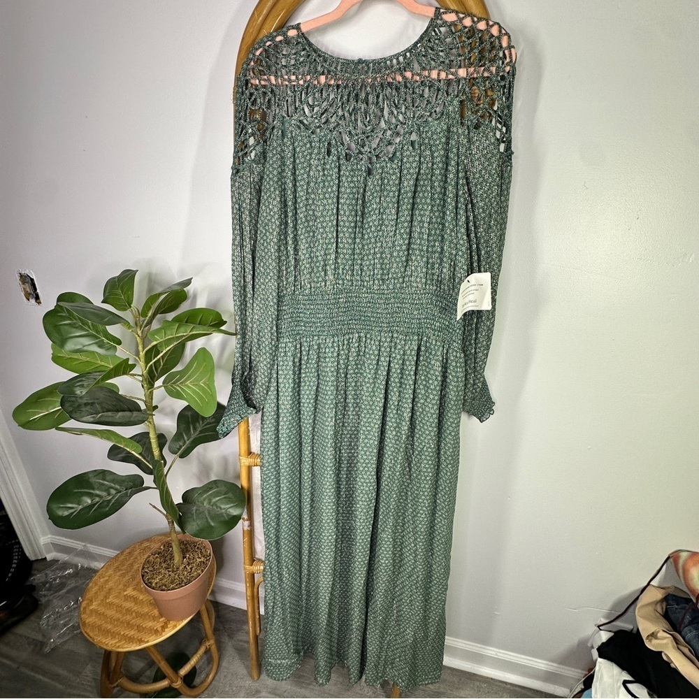 Anthropologie Ranna Gill Blue Green Metallic Boho Fit Flare Gown sz L